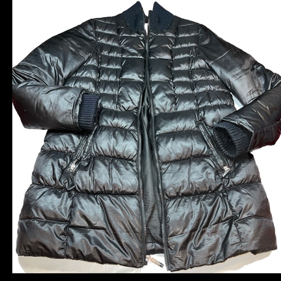 Betsey Johnson BLACK LONG Puffer COAT Zip Pockets Knit Ribbed High Collar Cuff L - Picture 1 of 16